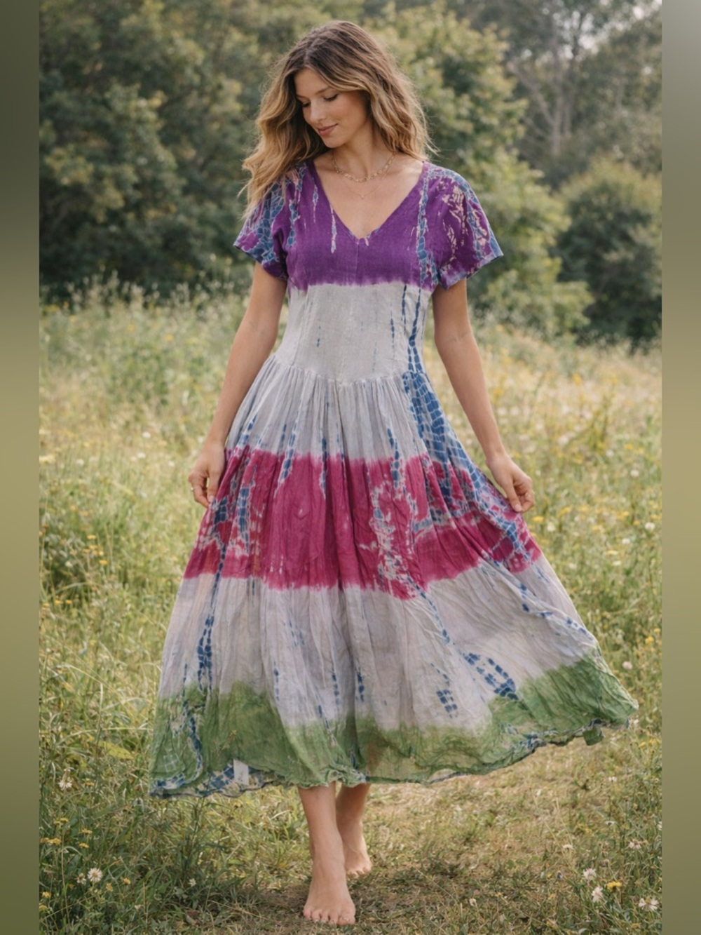 Pyramid Collection Tie Dye Dress L Boho Cotton Maxi Festival Hippie Cottagecore